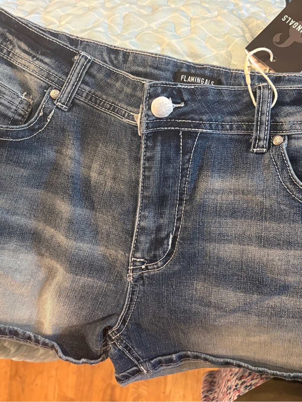 Women’s Distressed Dark Blue Denim Jean Shorts with Embroidered Back Pockets - Picture 14 of 14